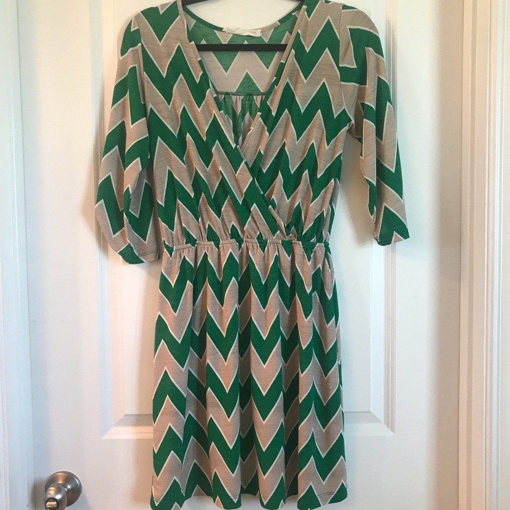 Green & Taupe Chevron Dress